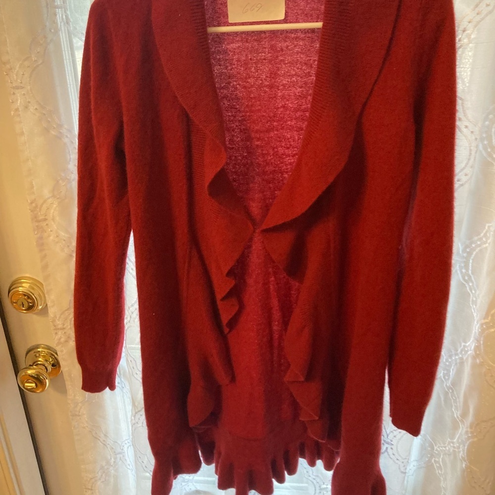 Neiman Marcus 100% Cashmere Ruffle Cardigan Deep Red XS Luxury